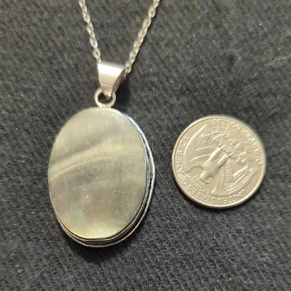 Silver Plated Grey Iridescent Abalone Shell Pendant Statement Necklace - Picture 5 of 6